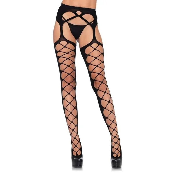 Leg Avenue Diamond Net Opaque Stockings with Attached Garterbelt