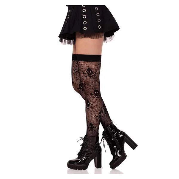 Leg Avenue Dotted Net Skull Thigh Highs – Black – O/S