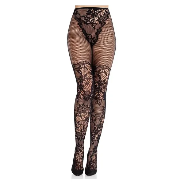Leg Avenue French Cut Dahlia Lace Tights with Net Thigh Detail