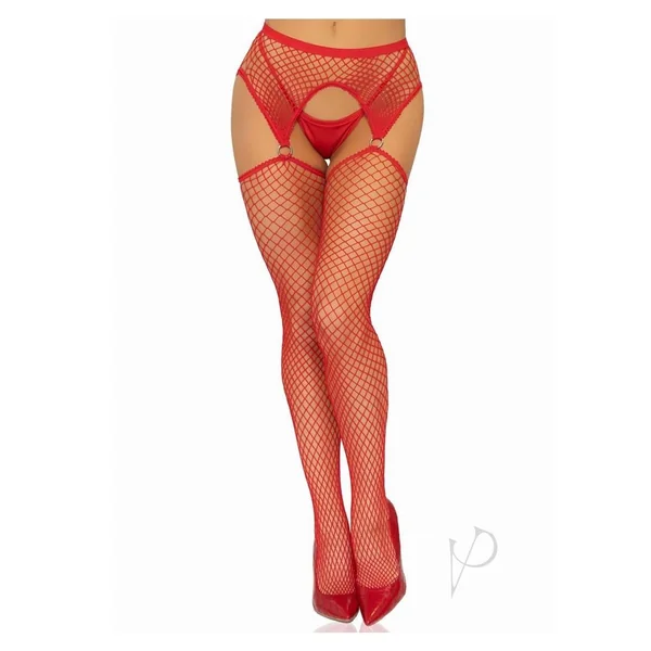 Leg Avenue Industrial Fishnet Thigh High Stocking With O-ring Garter Belt Red