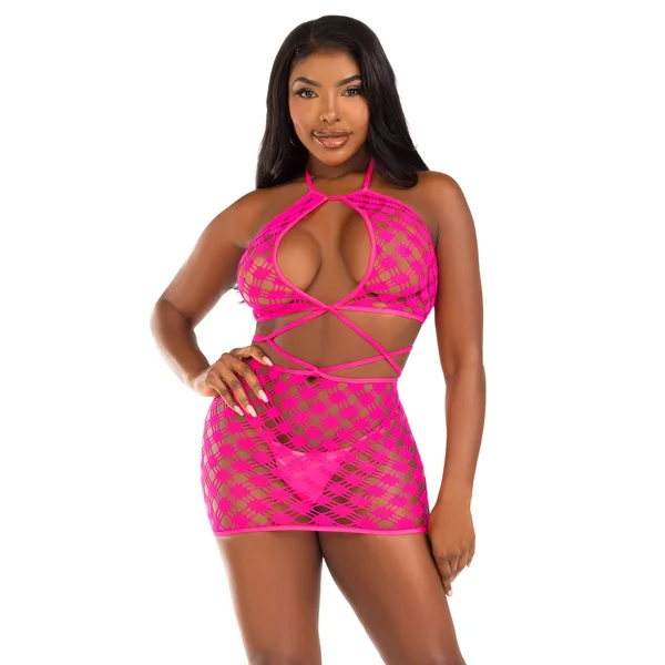 Leg Avenue Keyhole Halter Net Mini Dress (Neon Pink) – Lingerie