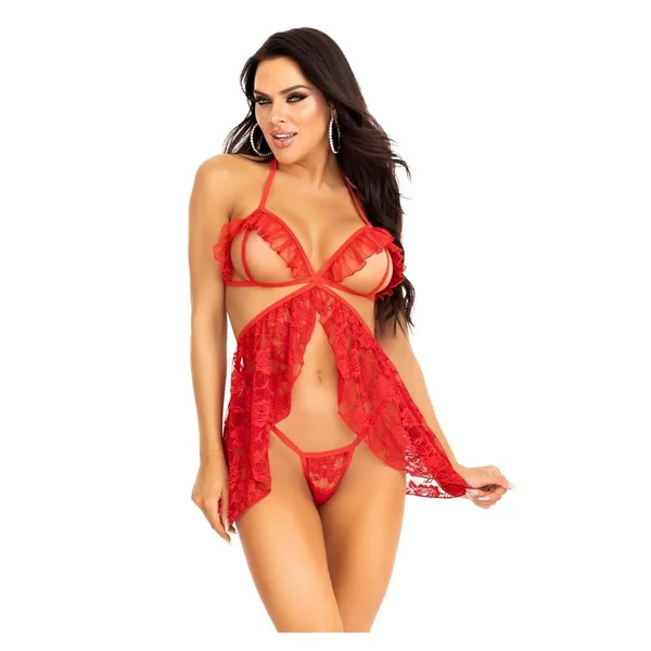 Leg Avenue Lace Flyaway Babydoll with Ruffle Peek-A-Boo Cups and Lace G-String (2 Piece) - Small - Red
