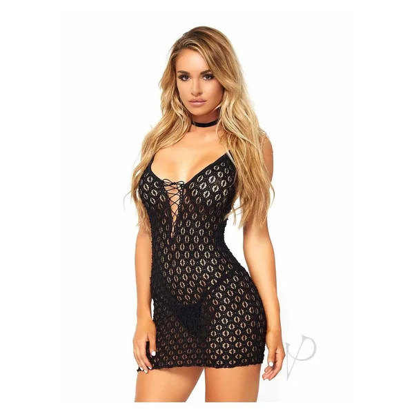 Leg Avenue Mini Dress with Lace Up Front and G-String - OS - Black