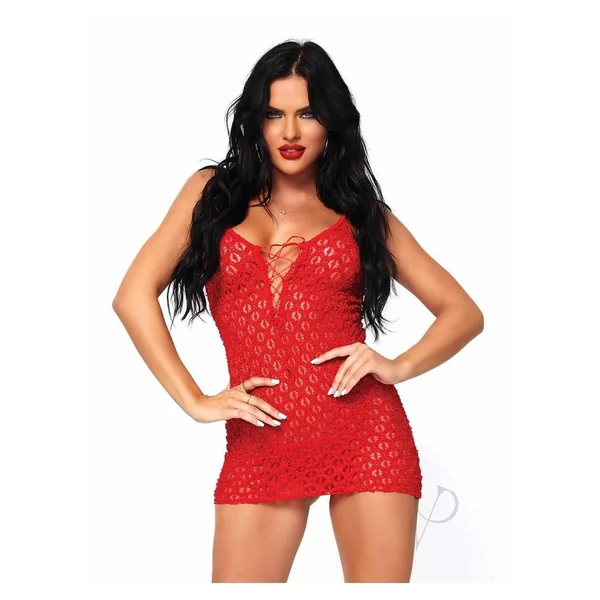 Leg Avenue Mini Dress with Lace Up Front and G-String - OS - Red