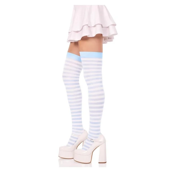Leg Avenue Nylon Stocking with Stripe – White/Light Blue – O/S