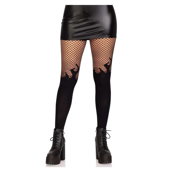 Leg Avenue Opaque Flame Tights with Fishnet Top