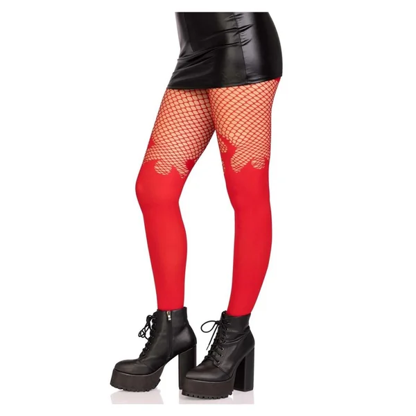 Leg Avenue Opaque Flame Tights with Fishnet Top – O/S – Red