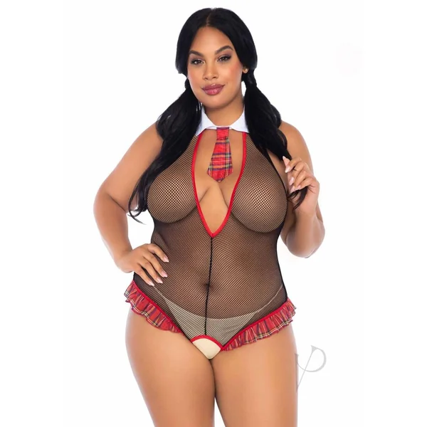 Leg Avenue School Girl Ruffle Trimmed Fishnet Deep-V Crotchless Teddy with Tie Accent and Cheeky Bare Back - 1X/2X - Black