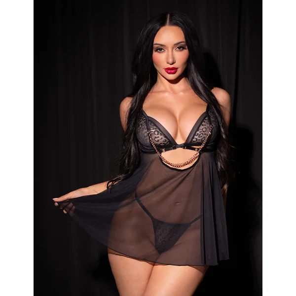Leopard Print Stretch Mesh Babydoll w. Chain Details