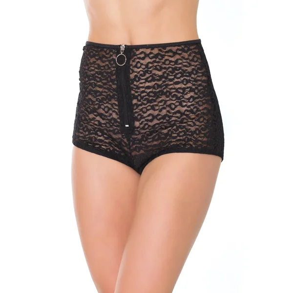 Leopard-Print Lace High-Waisted Zippered Booty Short in Black - OS