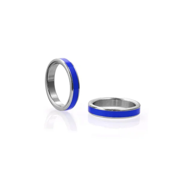 M2M Stainless Cock Ring with Blue Band & Bag, 1.875 Inch