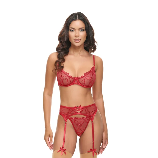 Mariah Bow Embroidery Bra, Garterbelt & G-String Set