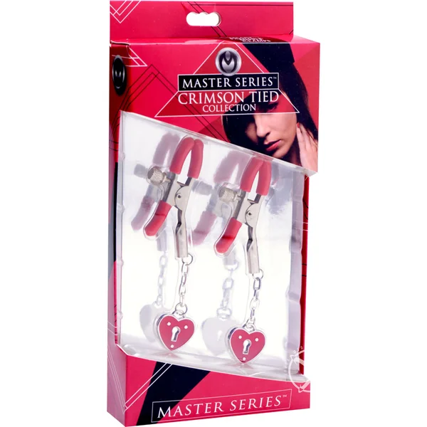 Master Series - Crimson Tied Charmed Heart Padlock Nipple Clamps