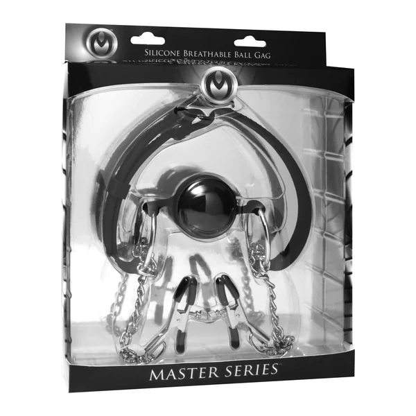 Master Series Hinder Breathable Silicone Ball Gag with Nipple Clamps – Black