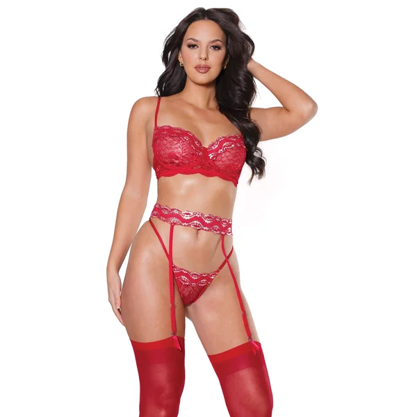 Metallic Lace Underwire Bra, Garter Belt & G-String Set Red/Silver