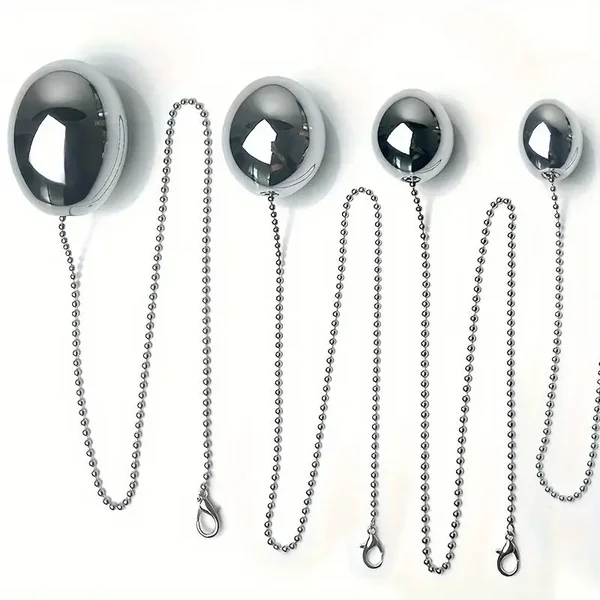 Metallic Stainless Steel Chain-Attached Elliptical Butt Plug For Outdoor Wear