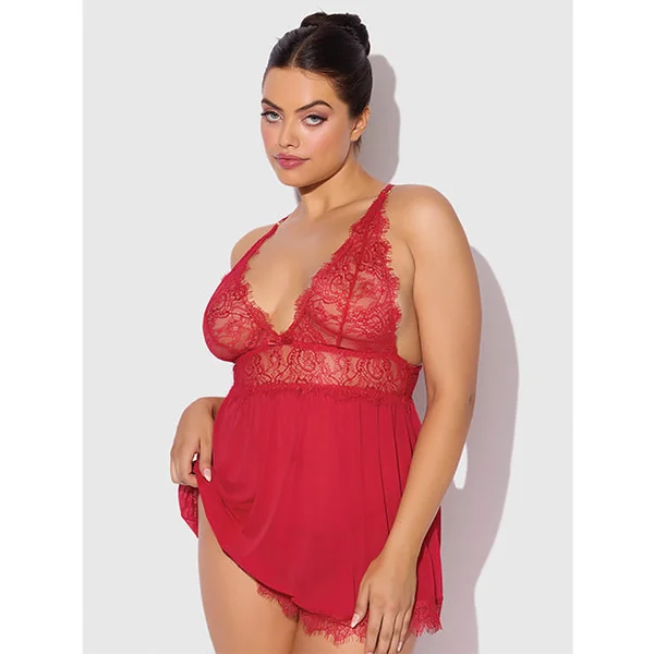 Mila Eyelash Lace & Mesh Babydoll w/G-String 2 pc Set - Red 1X/2X