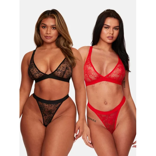 Millie-Mae Twin Pack Triangle Bralettes & Thong Set : Black & Scarlet Red