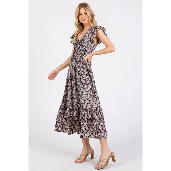Mittoshop Flower Print Ruffle Cap Sleeve V-neck Midi Dress