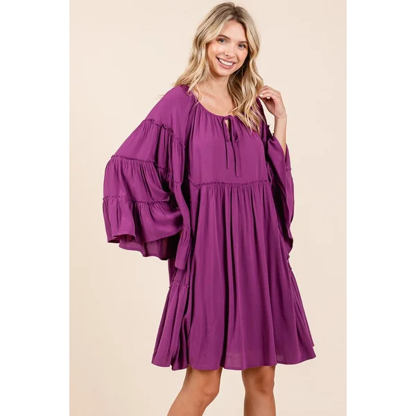 Mittoshop Frill Tie Neck Bell Sleeve Dress