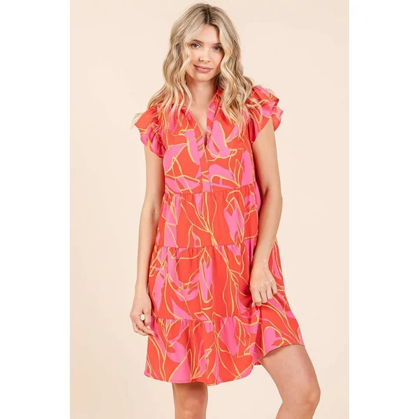 Mittoshop Leaf Print Ruffle Sleeve Tiered Mini Dress