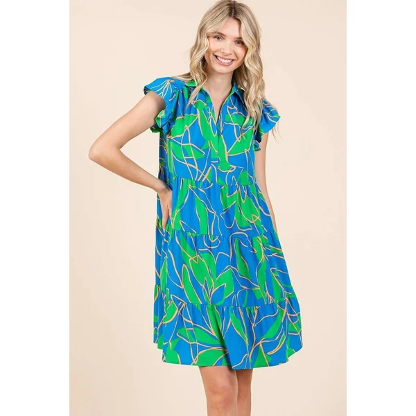 Mittoshop Leaf Print Ruffle Sleeve Tiered Mini Dress