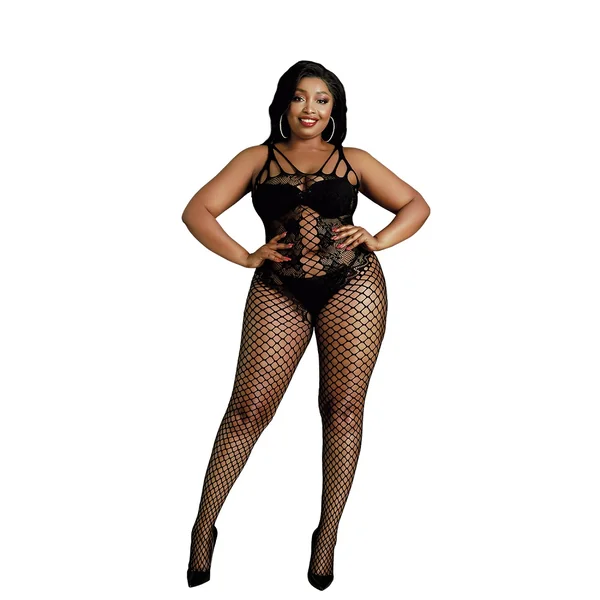 Moonlight Plus Size Lace and Fishnet Bodystocking, Black