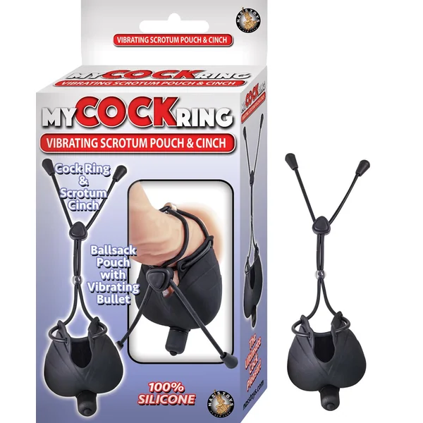My Cockring Vibrating Scrotum Pouch and Cincher Silicone Penis Ring - Black