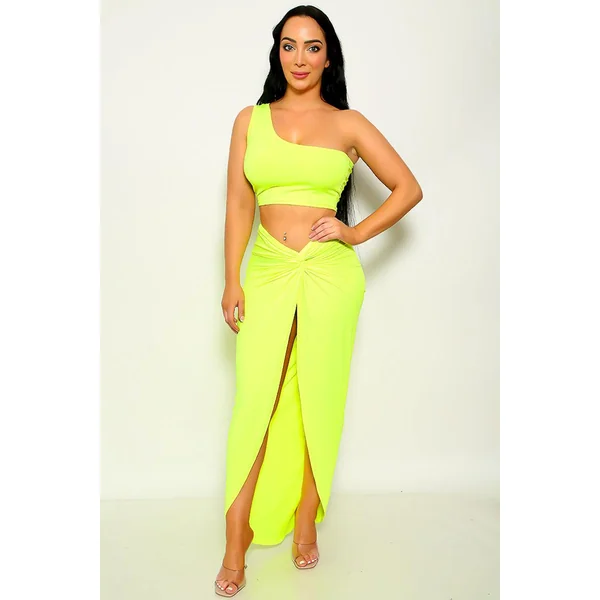 Neon Lime One Shoulder Sleeveless Knotted 2 Pc Set