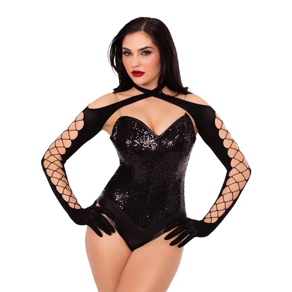 Net & Opaque Cross Over Halter Shrug