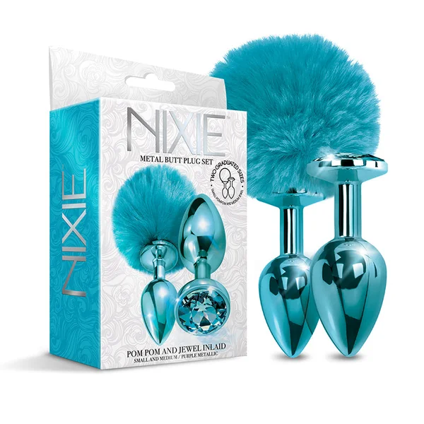 NIXIE Metal Butt Plug Set Pom Pom and Jewel-Inlaid Metallic Blue | Booty Kit