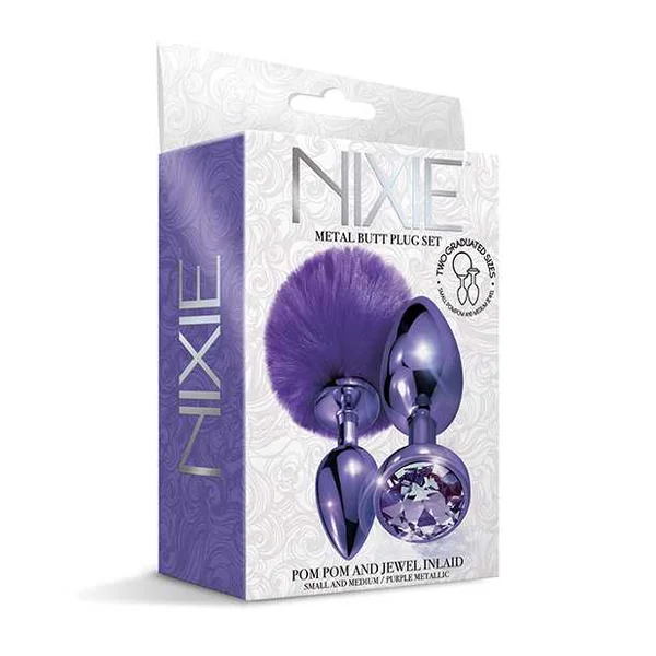 Nixie Metal Butt Plug Set w/Jewel Inlaid & Pom Pom - Purple Metallic