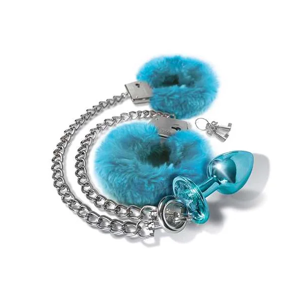 Nixie Metal Butt Plug w/Inlaid Jewel & Fur Cuff Set - Blue Metallic