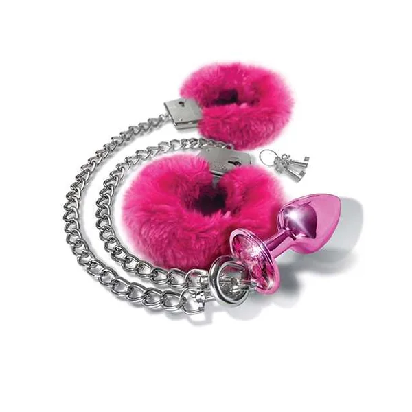 Nixie Metal Butt Plug w/Inlaid Jewel & Fur Cuff Set - Pink Metallic