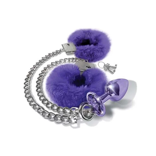 Nixie Metal Butt Plug w/Inlaid Jewel & Fur Cuff Set - Purple Metallic