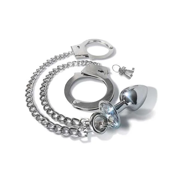 Nixie Metal Butt Plug w/Inlaid Jewel & Fur Cuff Set - Silver Metallic