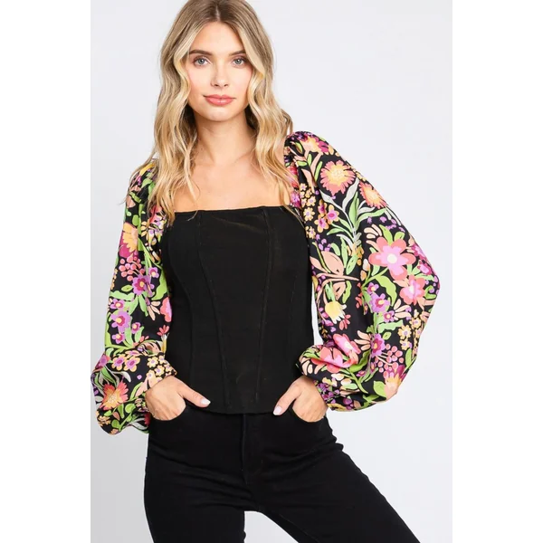 ODDI Full Size Floral Balloon Sleeve Blouse