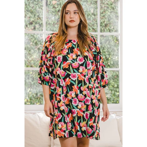 ODDI Full Size Floral Puff Sleeve Mini Dress