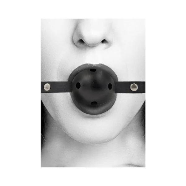Ouch! Black & White Breathable Ball Gag With Bonded Leather Straps Black