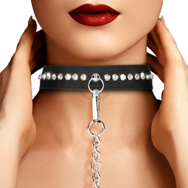 Ouch! Diamond Studded Faux Leather Collar With Chain Leash