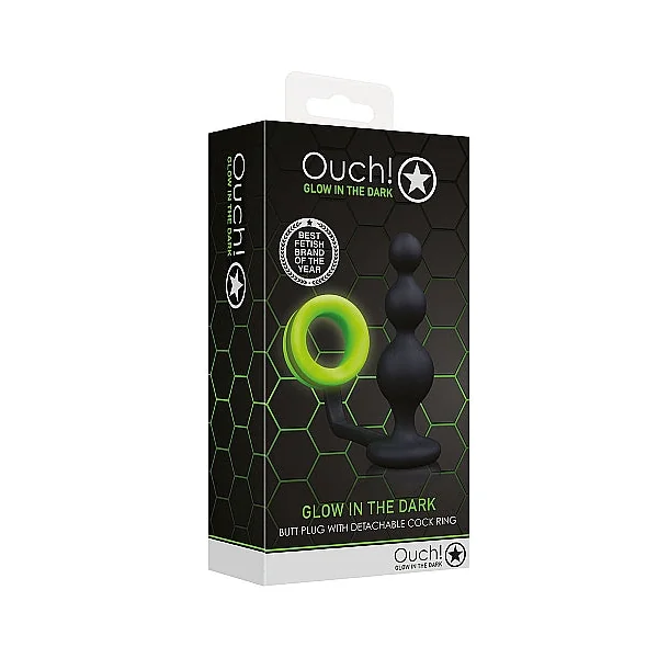 Ouch! Glow in the Dark Silicone Beaded Anal Plug With Cockring Neon Green