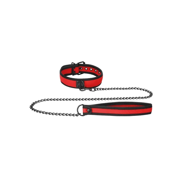Ouch Puppy Play Neoprene Collar With Leash Black Red