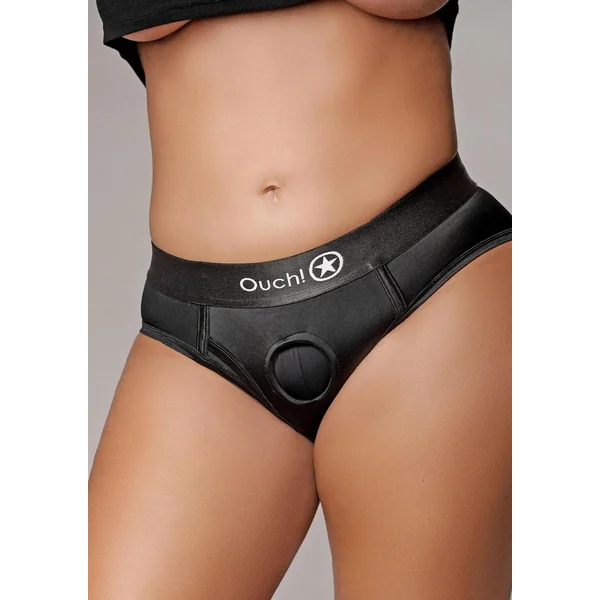Ouch! Vibrating Strap-On High-Cut Brief with Rechargeable Bullet – XL/2XL – Black