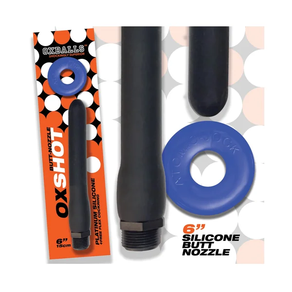 Oxballs Oxshot 6" Silicone Butt Nozzle w/Flex Cockring - Black/Blue