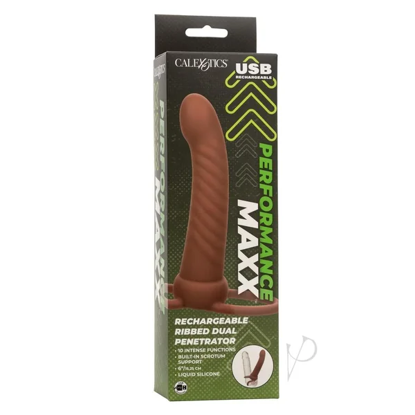Performance Maxx Rechargeable Silicone Ribbed Dual Penetrator Extender - Chocolate