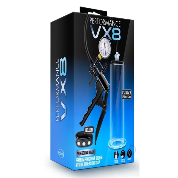 Performance VX8 Premium Penis Pump System with Silicone Cock Strap 9in - Clear