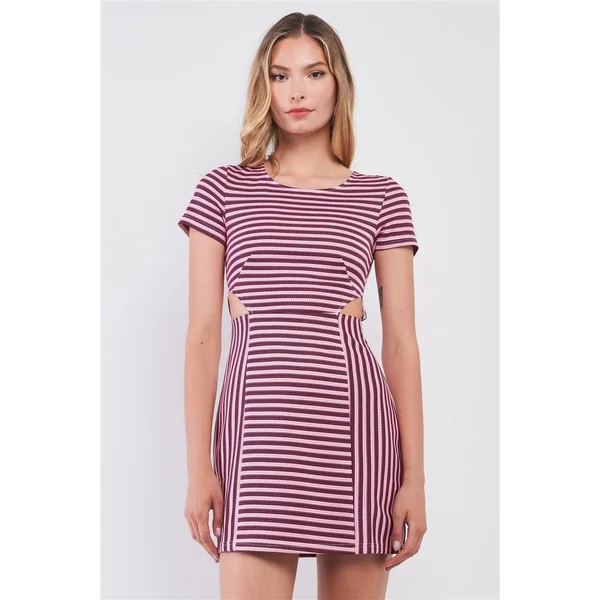 Pink & Black Striped Short Sleeve Cut-out Detail Tight Fit Mini Dress