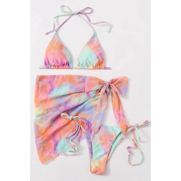 Pink Mint Tie Dye Triangle Cheeky Cover-Up Sexy 3Pc Swimsuit Set