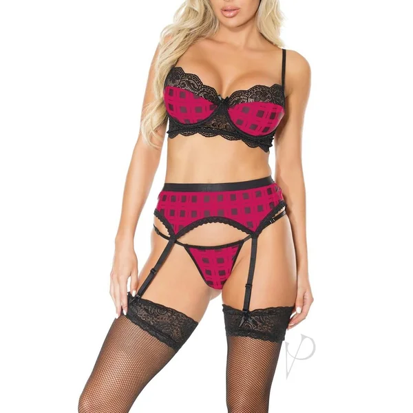 Pink Pussycat Plaid Bra, Garter Belt and G-String - Large - Pink/Black