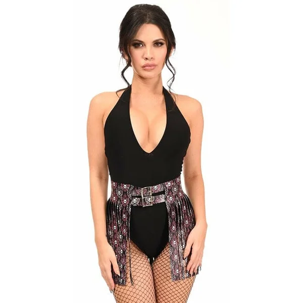 Pink & White Skulls Faux Leather Fringe Skirt